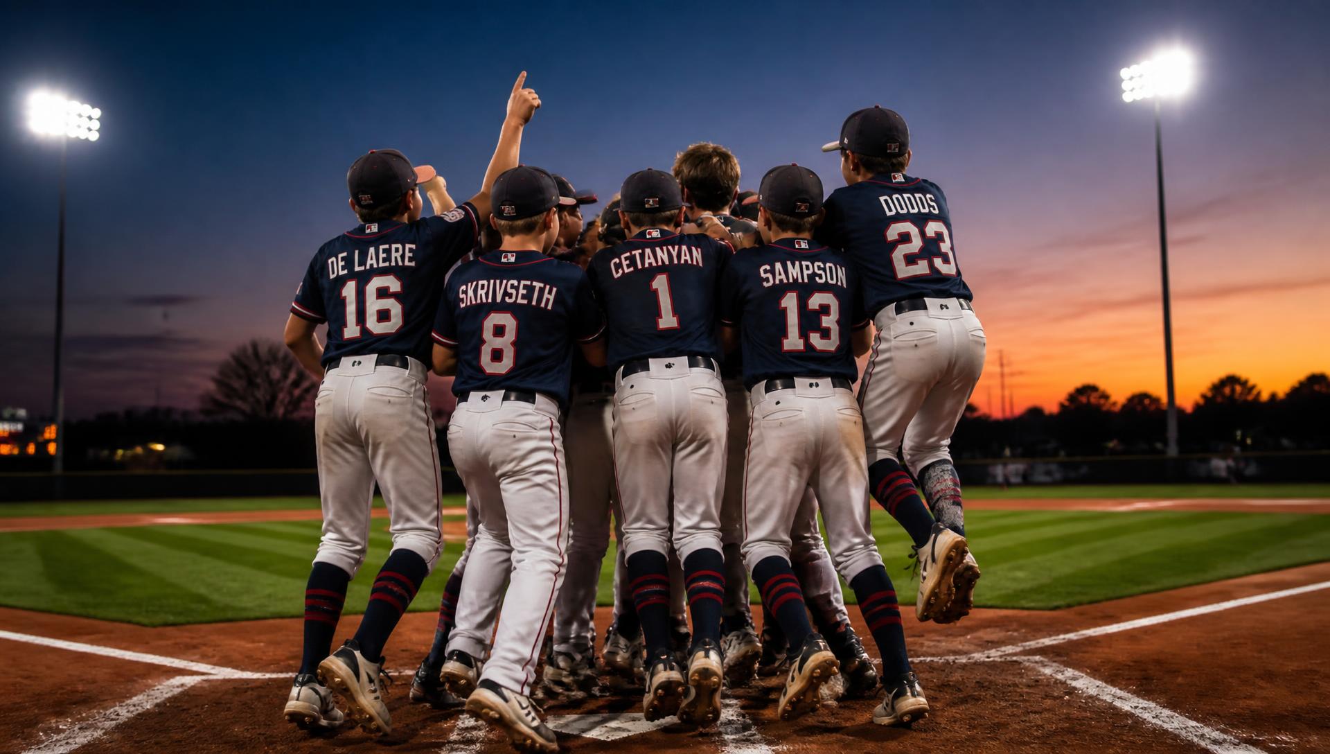 Warhawks youth baseball team celebrating a walk-off win at home plate under stadium lights